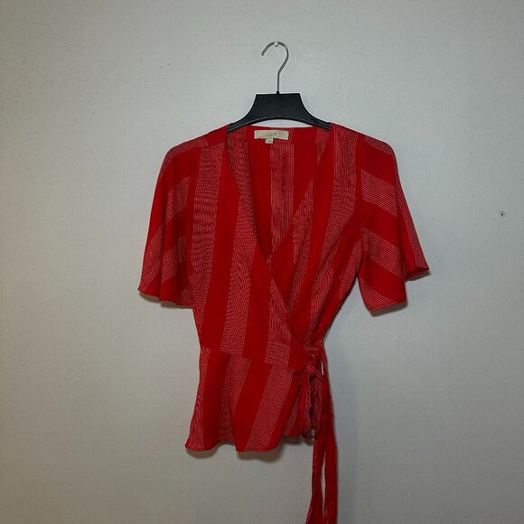 LOFT Red & White Striped Wrap Peplum Top Short Sleeve Blouse S - Picture 3 of 5